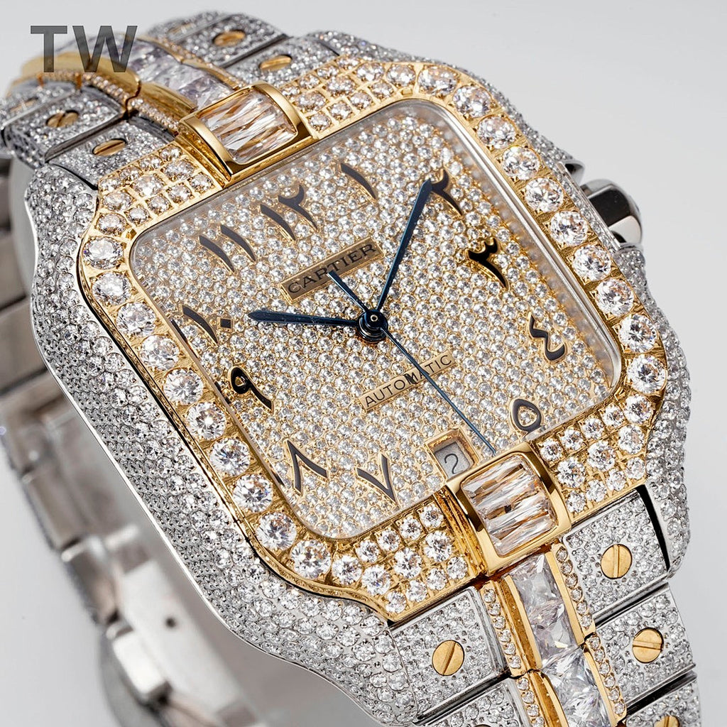 Cartier diamond rectangular wristwatch with black hands and gold hour markers