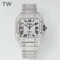 Cartier watch with jeweled silver-tone case, black dial, and gemstone-studded bracelet