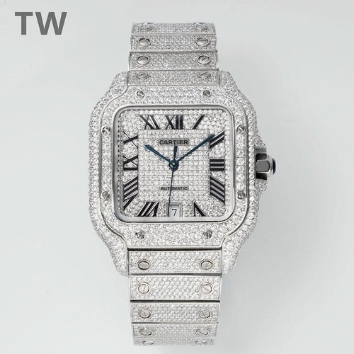 Cartier watch with jeweled silver-tone case, black dial, and gemstone-studded bracelet