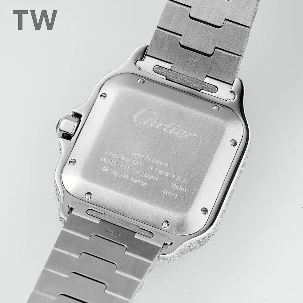 Cartier watch back with engraved silver metal case and linked bracelet