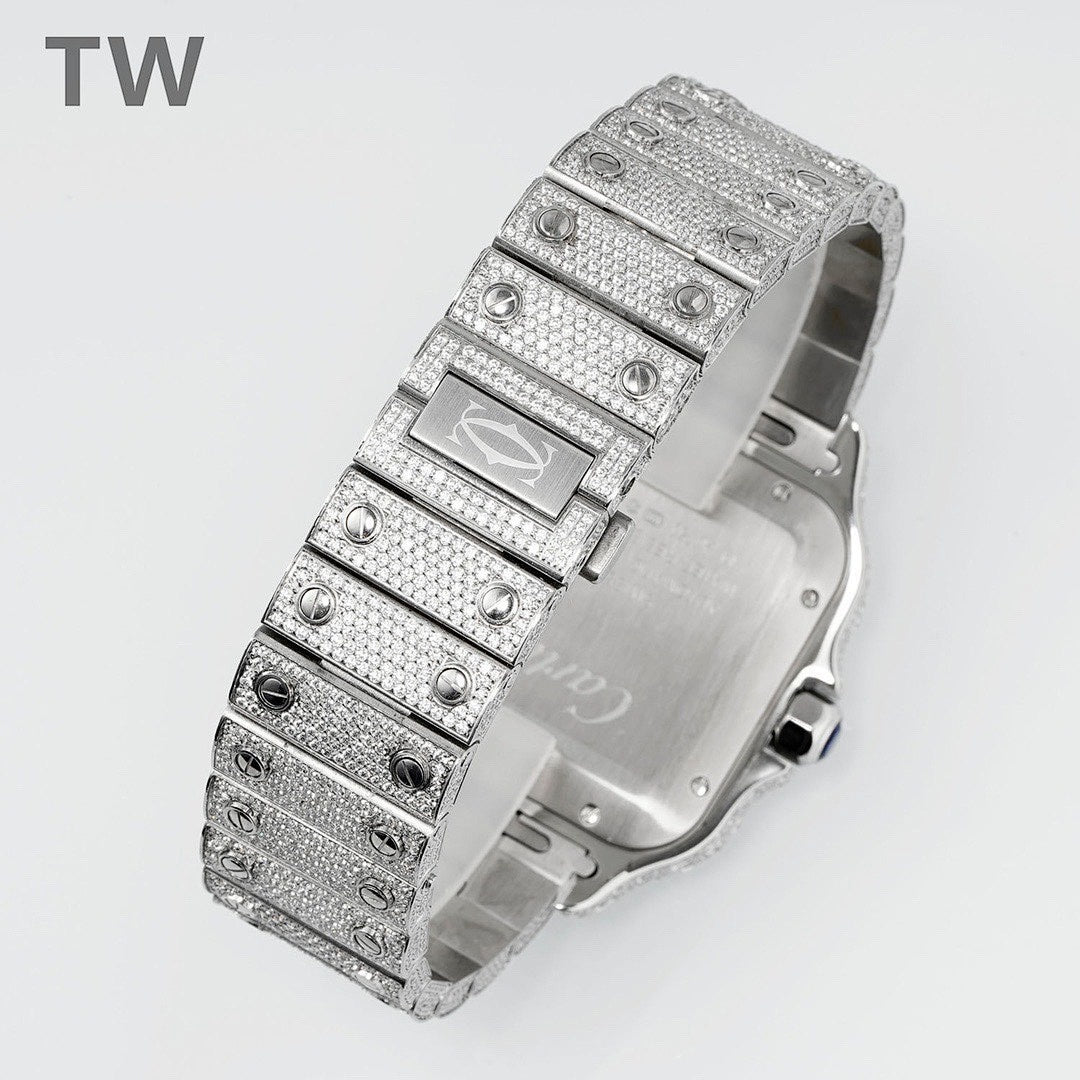 Cartier watch side view with diamond-like case sections and studded bracelet links