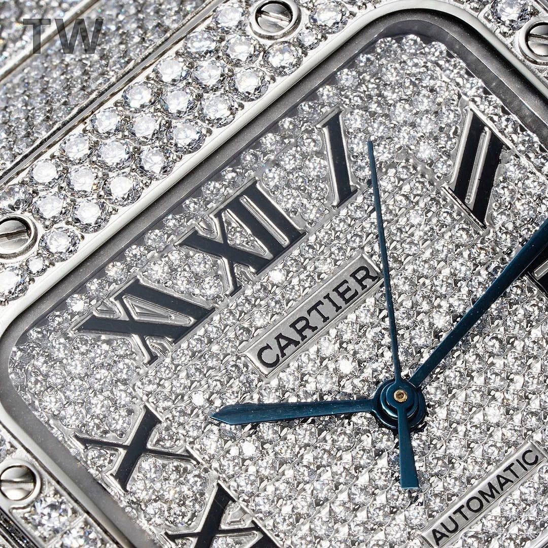 Watch dial close-up with Roman numerals, Cartier wordmark, and blue hour hand