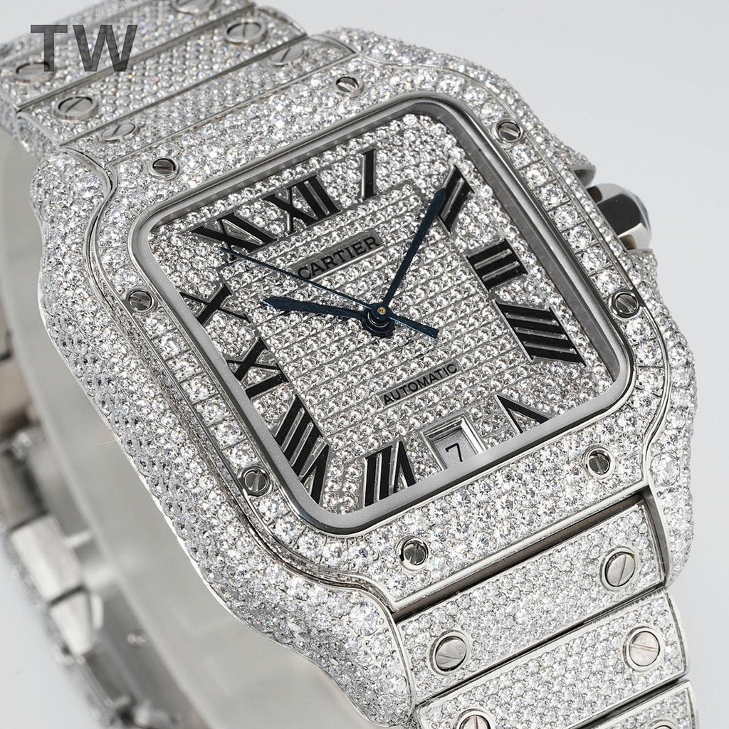 Cartier watch front angle with black dial, Roman numerals, and jeweled bracelet