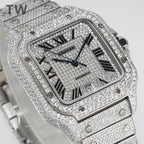 Cartier watch front angle with black dial, Roman numerals, and jeweled bracelet