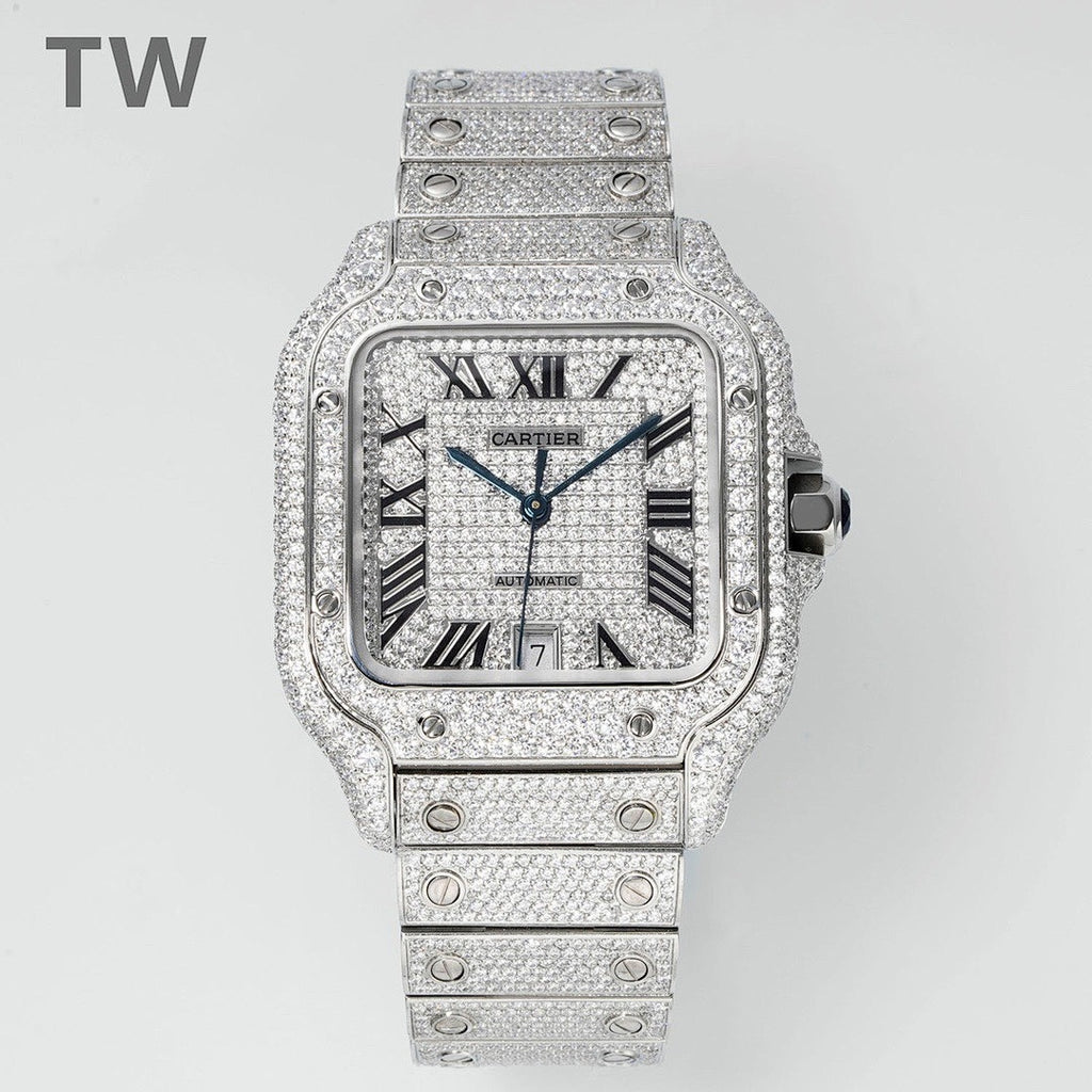 Jeweled Cartier watch with silver-tone case, black dial, and gemstone-studded bracelet