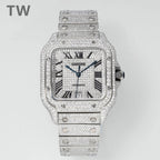 Jeweled Cartier watch with silver-tone case, black dial, and gemstone-studded bracelet