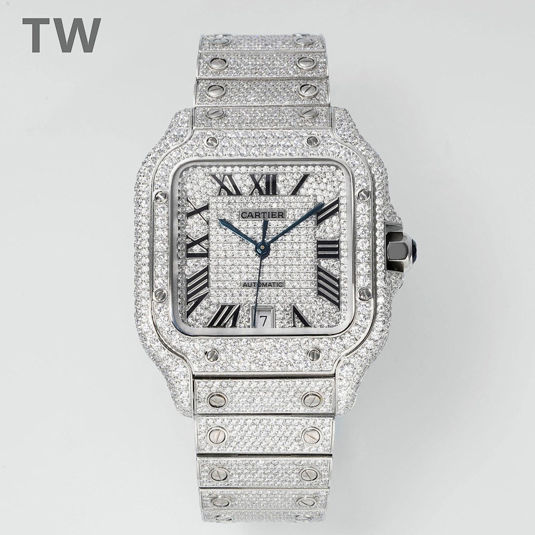 Jeweled Cartier watch with silver-tone case, black dial, and gemstone-studded bracelet