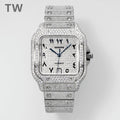 Cartier watch with diamond-studded square face and light metal link strap.
