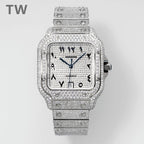 Cartier watch with diamond-studded square face and light metal link strap.