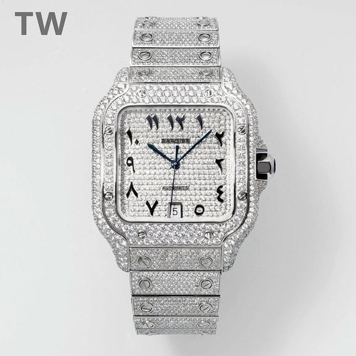 Cartier watch with diamond-studded square face and light metal link strap.