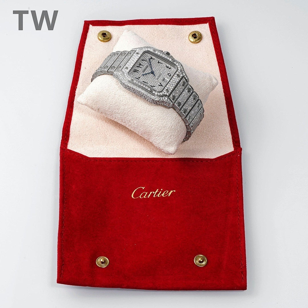Cartier watch inside a red jewelry pouch, diamond-set bracelet visible.