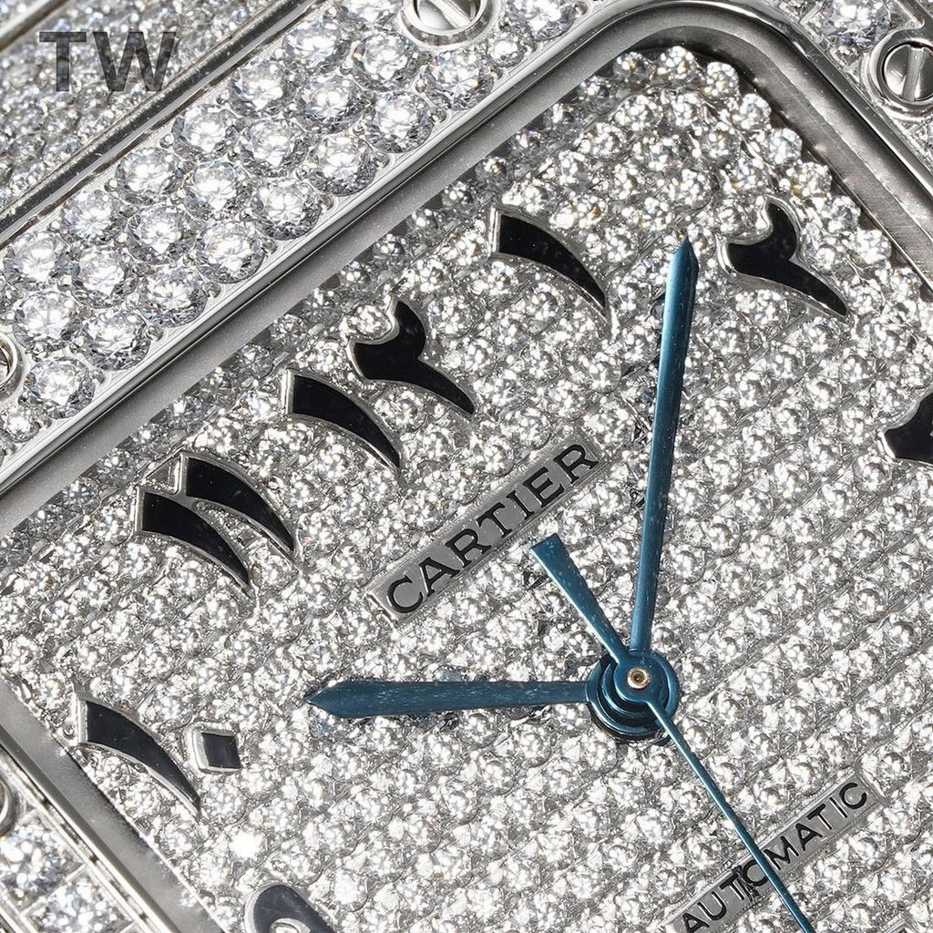 Diamond-set Cartier watch dial detail with black Arabic numerals and blue hands.