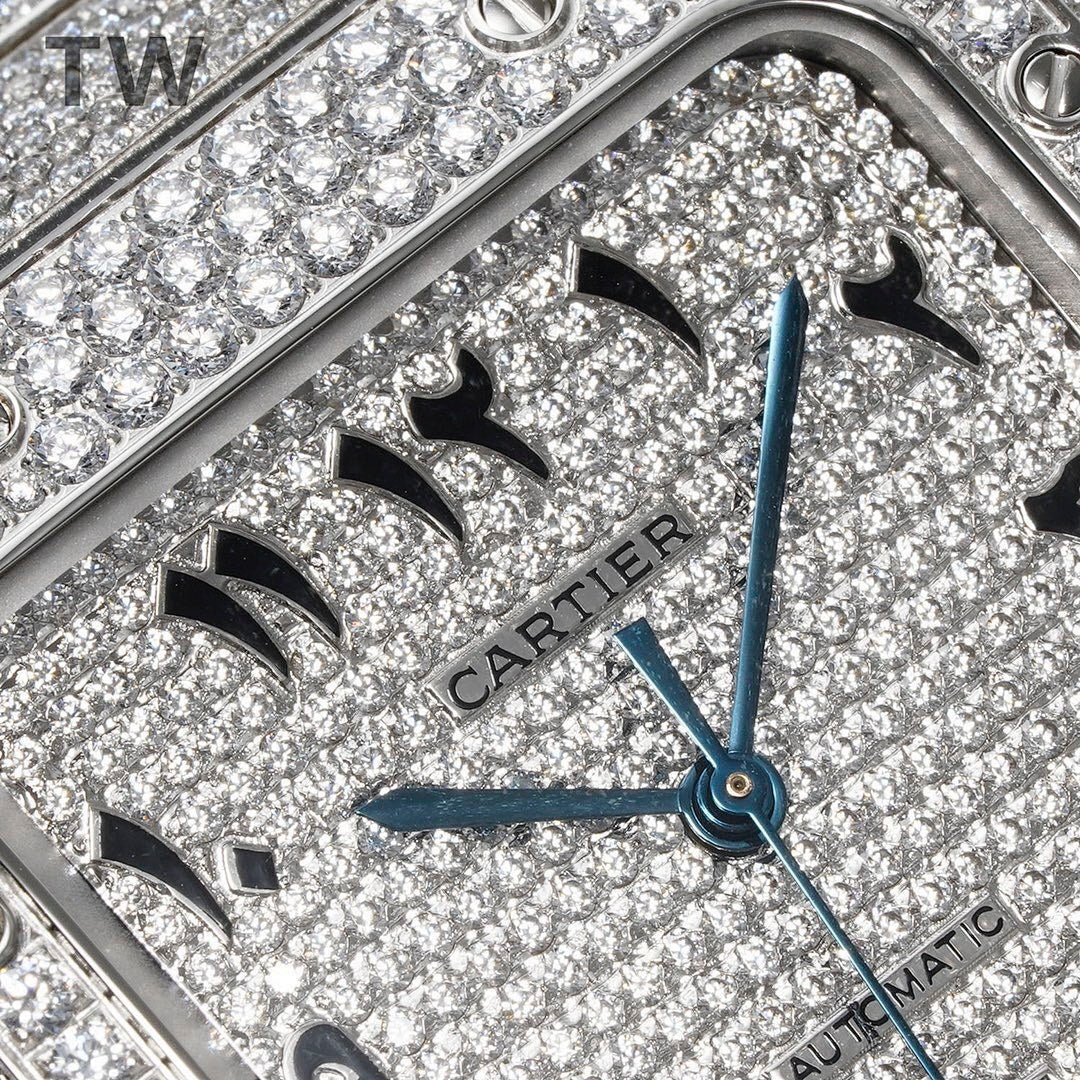 Diamond-set Cartier watch dial detail with black Arabic numerals and blue hands.