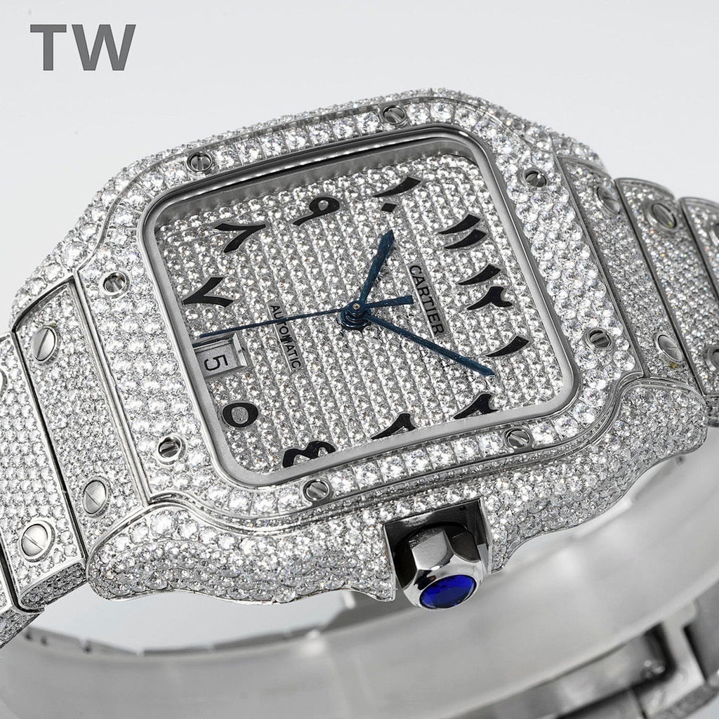 Diamond Cartier watch with black numerals, blue hands, and blue crown detail.