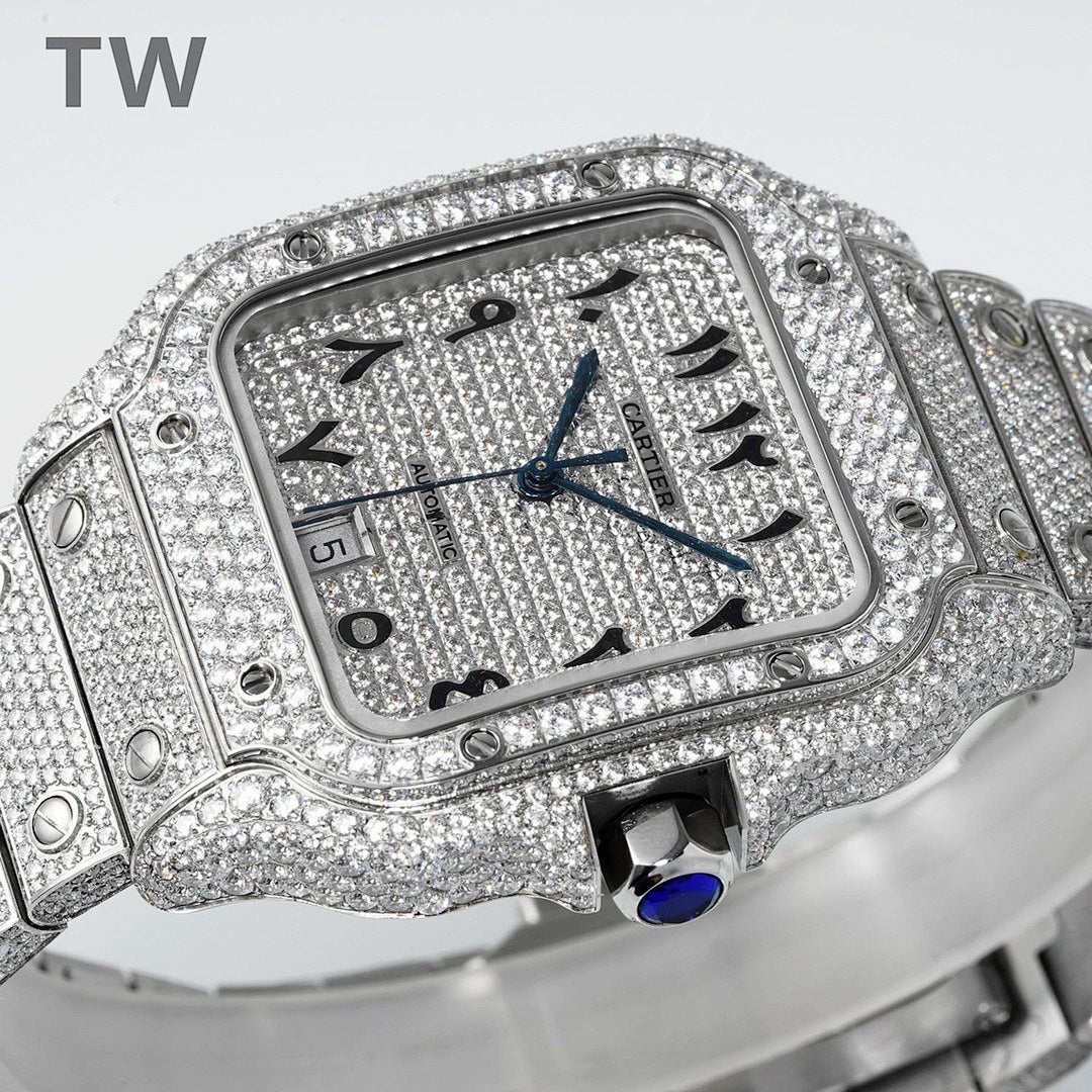 Diamond Cartier watch with black numerals, blue hands, and blue crown detail.