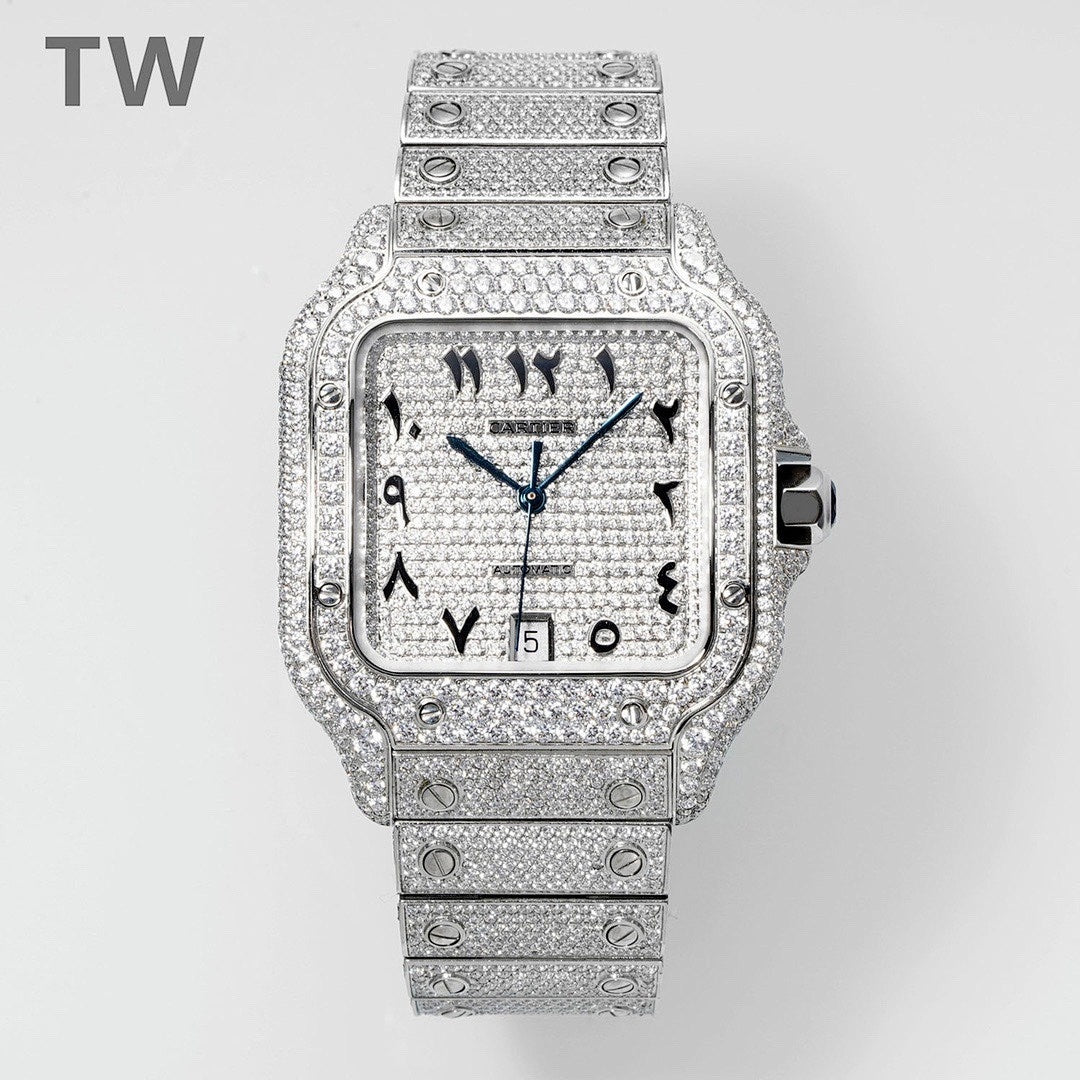 Cartier watch front view with diamond-set square dial, black numerals and blue hands.