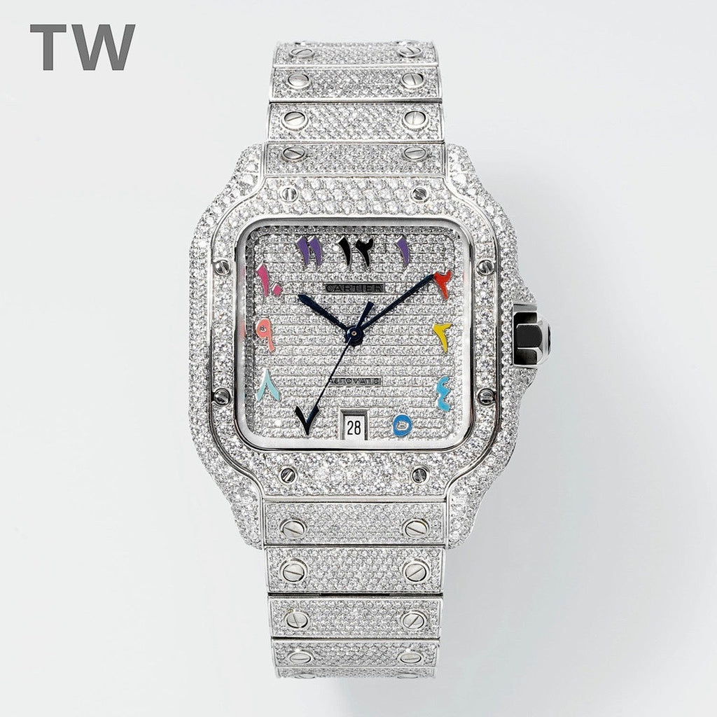 Silver-toned diamond bezel watch with colorful dial and metal link bracelet