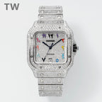 Silver-toned diamond bezel watch with colorful dial and metal link bracelet