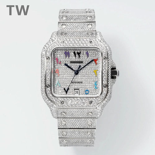 Silver-toned diamond bezel watch with colorful dial and metal link bracelet