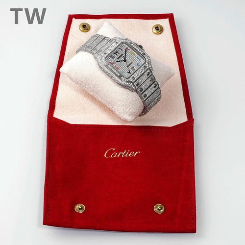 Diamond watch nestled in red presentation pouch, silver bracelet and clasp visible