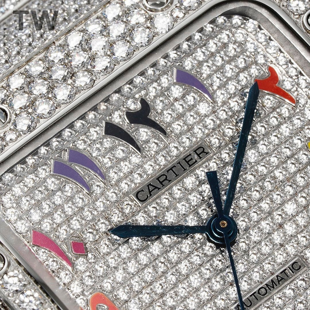 Diamond watch face close-up with colorful hour markers and black hands