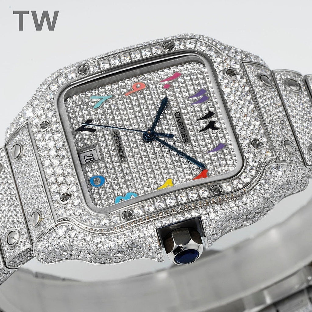 Diamond watch face close-up with multicolor hands, date window, and blue bezel stone