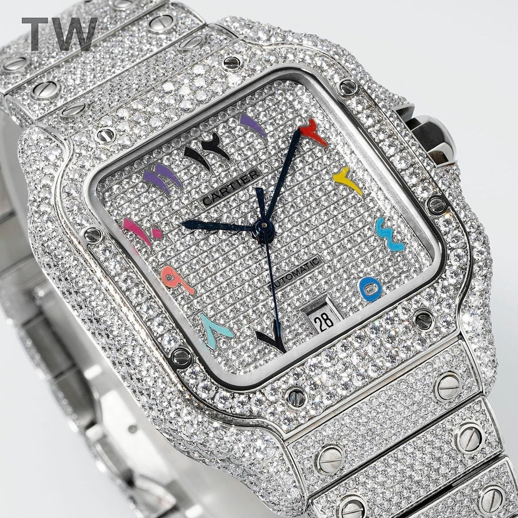 Diamond watch face close-up with multicolor hands and date window at 28