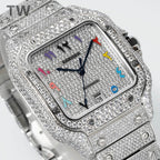 Diamond watch face close-up with multicolor hands and date window at 28