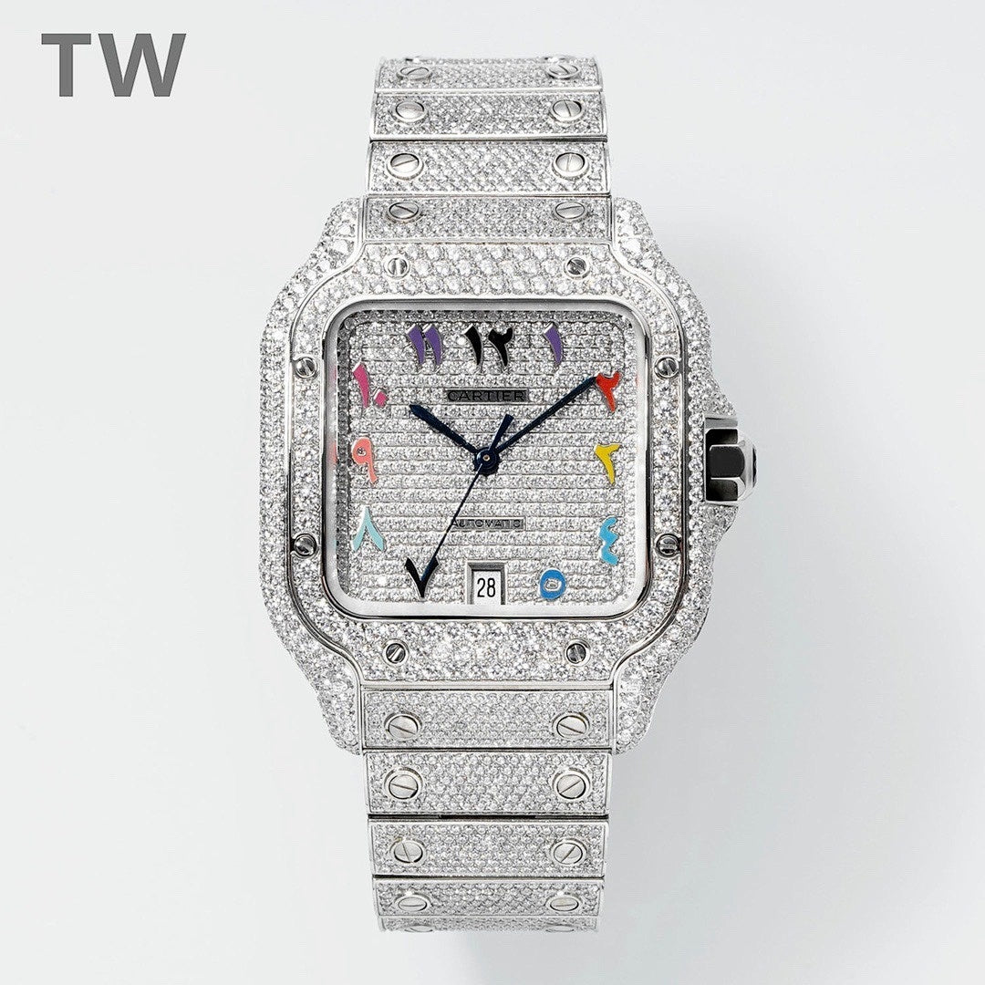 Silver-toned diamond bezel watch with colorful dial and metal link strap