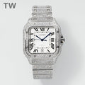 Diamond-encrusted Cartier watch with square white dial and black Roman numerals