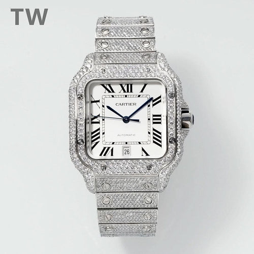 Diamond-encrusted Cartier watch with square white dial and black Roman numerals