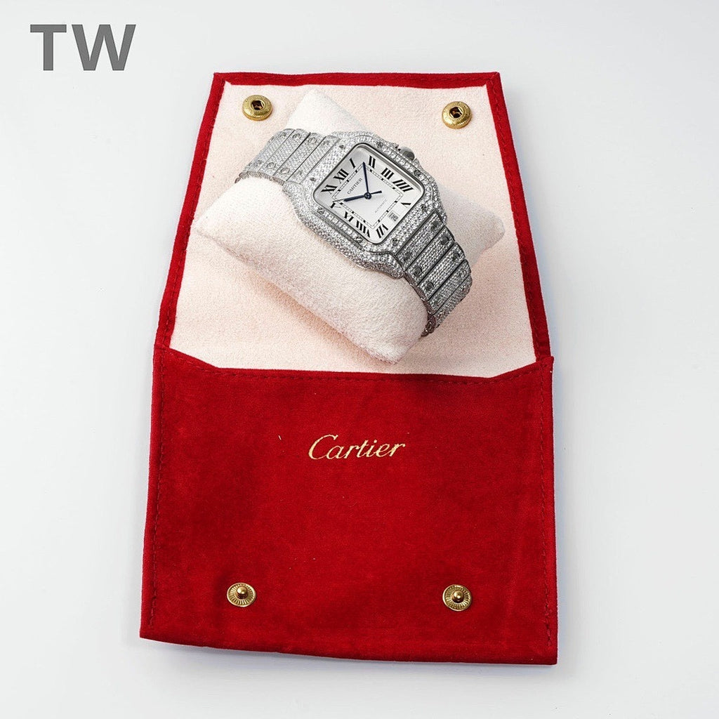 Cartier watch in a red presentation pouch, showing a diamond bracelet and square dial