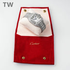 Cartier watch in a red presentation pouch, showing a diamond bracelet and square dial