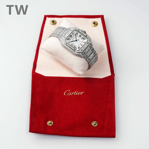 Cartier watch in a red presentation pouch, showing a diamond bracelet and square dial
