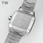 Square Cartier watch case with brushed metal back and linked bracelet