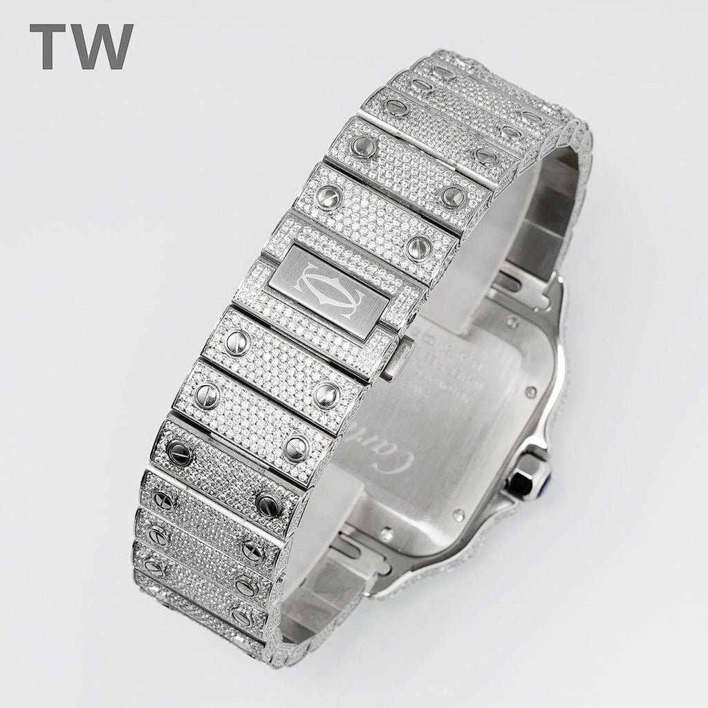 Diamond-encrusted Cartier watch bracelet with rectangular links and hinged clasp