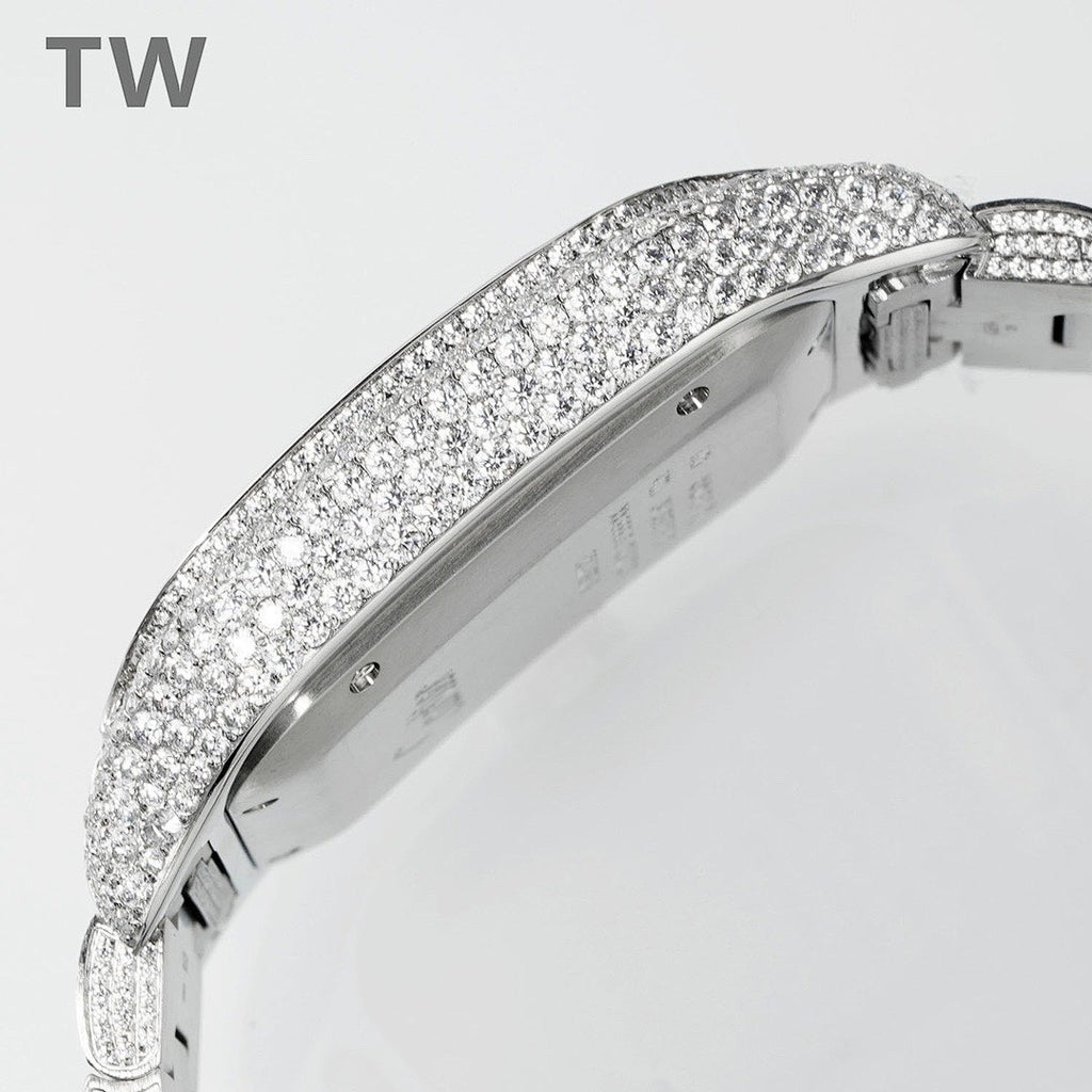 Cartier watch bracelet and side view with sparkling diamond bezel