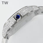 Cartier watch side view with blue sapphire crown and diamond-set bezel