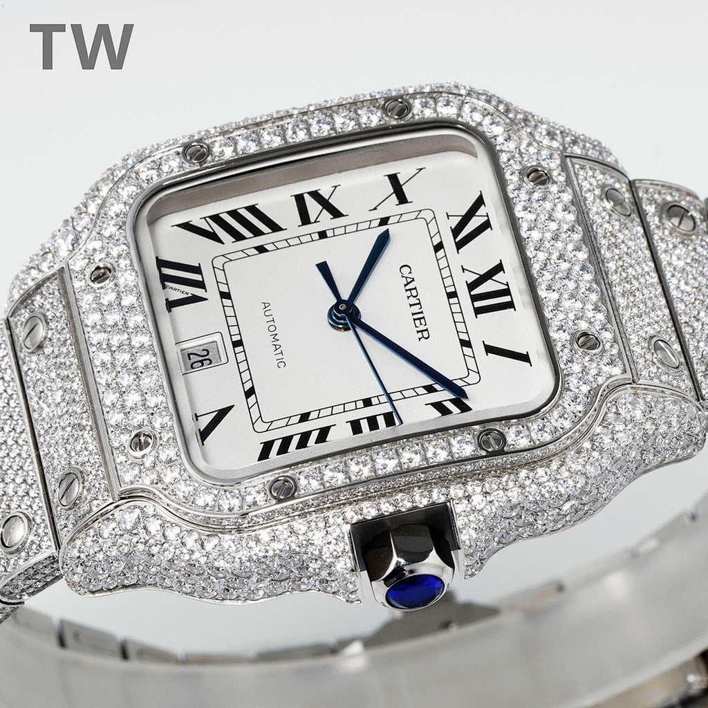 Diamond-encrusted Cartier watch with square dial, blue hands, and Roman numerals