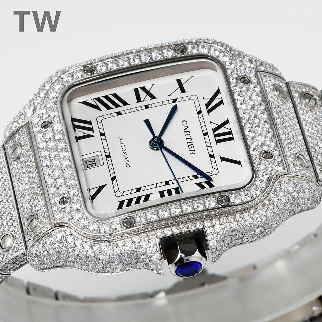 Diamond-encrusted Cartier watch with square dial, blue hands, and Roman numerals
