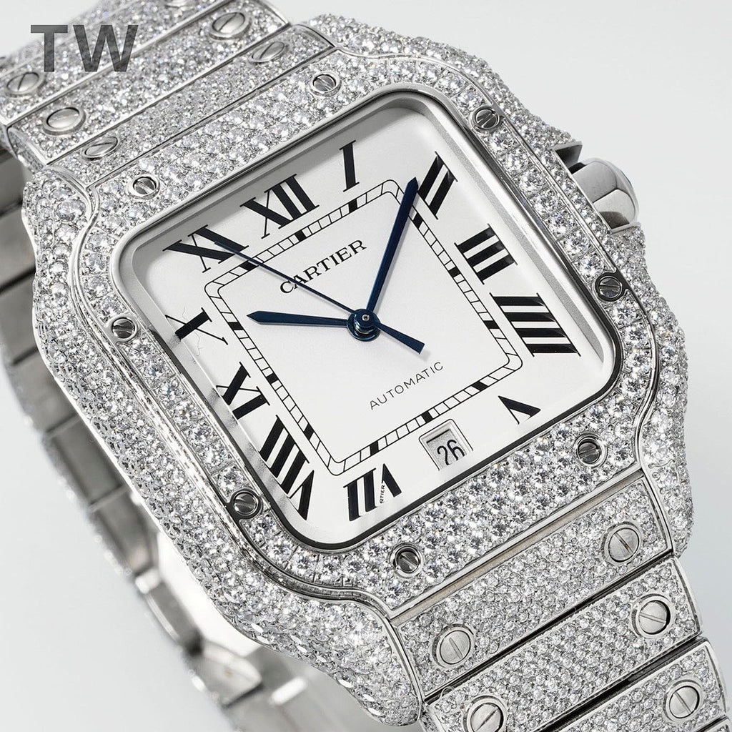 Cartier watch angled view with Roman numerals, blue minute hand, and date at 26