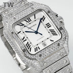 Cartier watch angled view with Roman numerals, blue minute hand, and date at 26