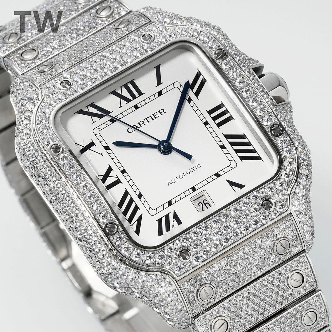 Cartier watch angled view with Roman numerals, blue minute hand, and date at 26