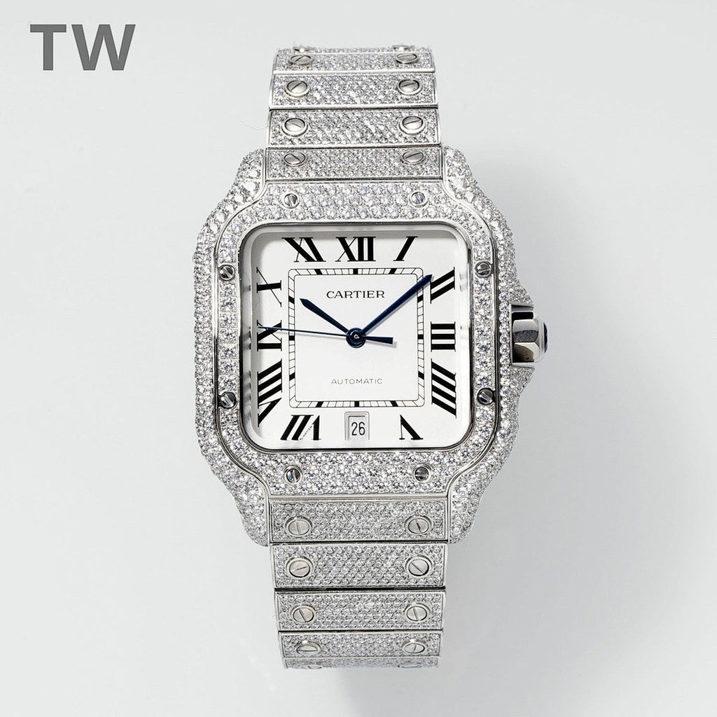 Diamond-encrusted Cartier watch with white dial, black Roman numerals, and blue hands