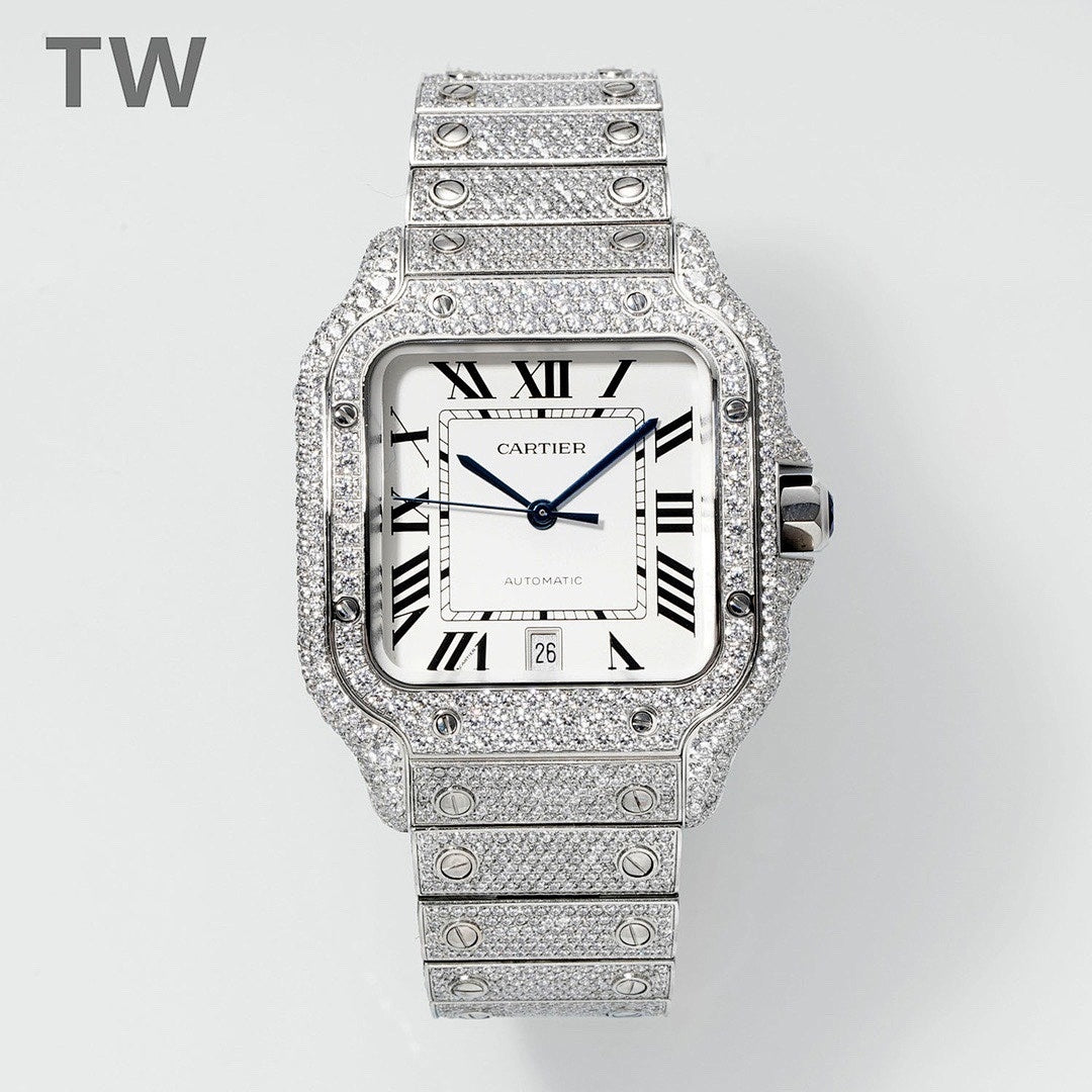 Diamond-encrusted Cartier watch with white dial, black Roman numerals, and blue hands
