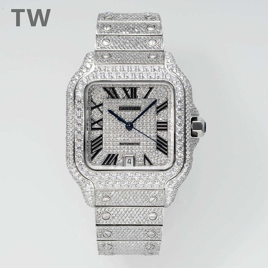 Cartier diamond-set rectangular watch with black dial, Roman numerals, and blue hands