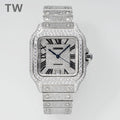 Cartier diamond-set rectangular watch with black dial, Roman numerals, and blue hands