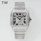 Cartier diamond-set rectangular watch with black dial, Roman numerals, and blue hands