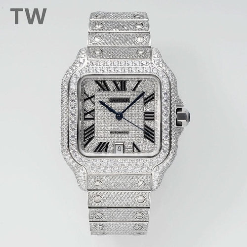 Cartier diamond-set rectangular watch with black dial, Roman numerals, and blue hands