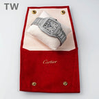 Cartier diamond-set watch on white cushion inside a red presentation pouch